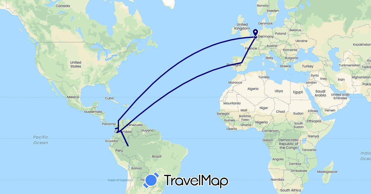 TravelMap itinerary: driving in Belgium, Colombia, Spain (Europe, South America)